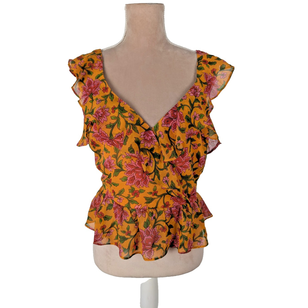 Veronica Beard Randa Floral Silk Top Cropped Orange Size 6 Cottagecore Feminine